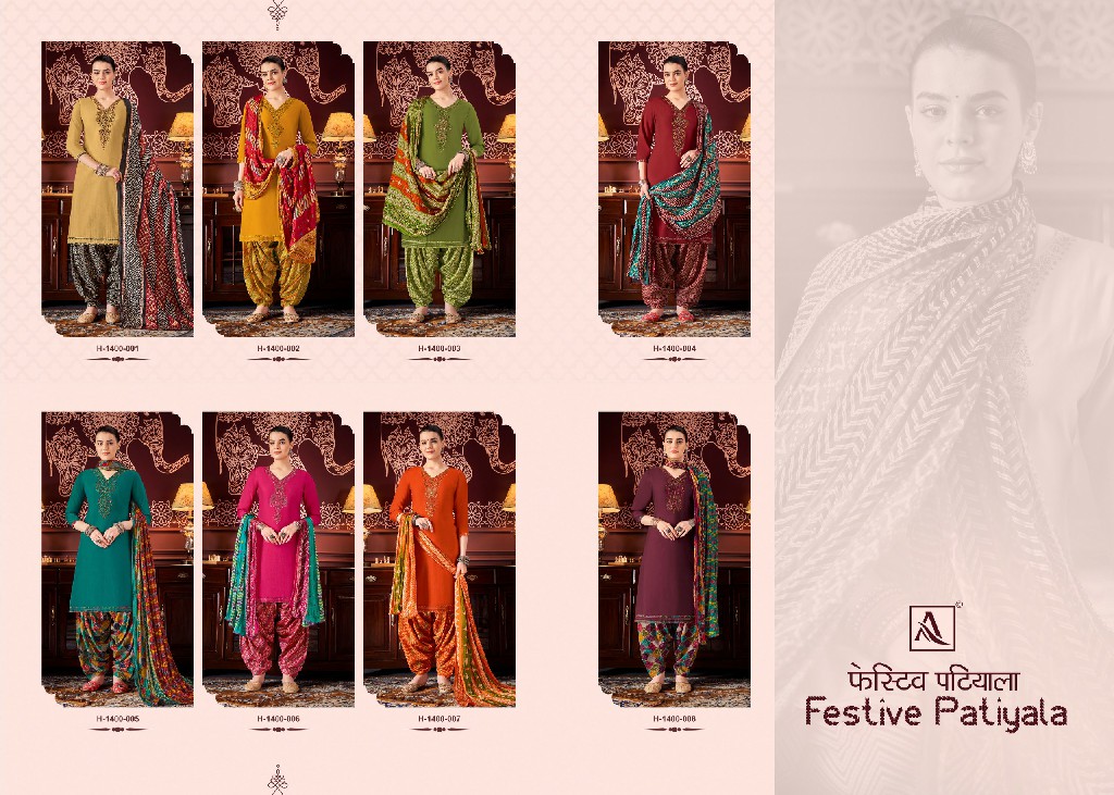 Alok Festive Patiyala Wholesale Pure Mudaal Fabric Embroidery Dress Material
