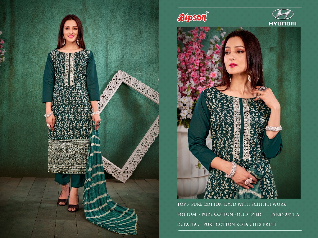 Bipson Hyundai 2511 Wholesale Pure Soft Cotton Dyed With Schiffli Work Dress Material