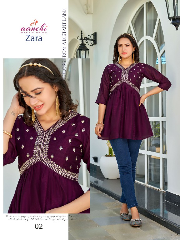 Aanchi Zara Wholesale Vichitra With Lining Alia Cut Embroidery Kurtis
