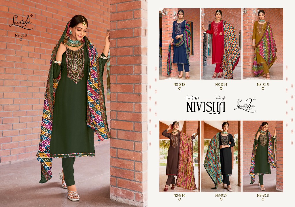 Levisha Nivisha Vol-8 Wholesale Pure Reyon Slub With Embroidery Dress Material