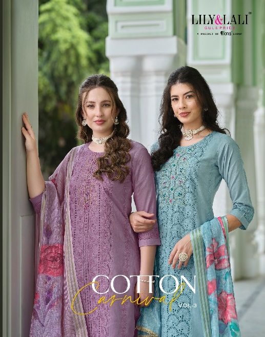 Lily And Lali Cotton Carnival Vol-3 Wholesale Bored Schiffli Work And Hand Work 3 Piece Suits