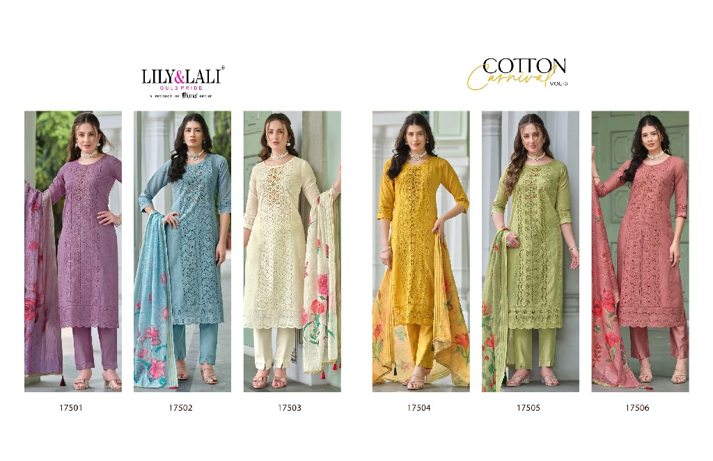 Lily And Lali Cotton Carnival Vol-3 Wholesale Bored Schiffli Work And Hand Work 3 Piece Suits