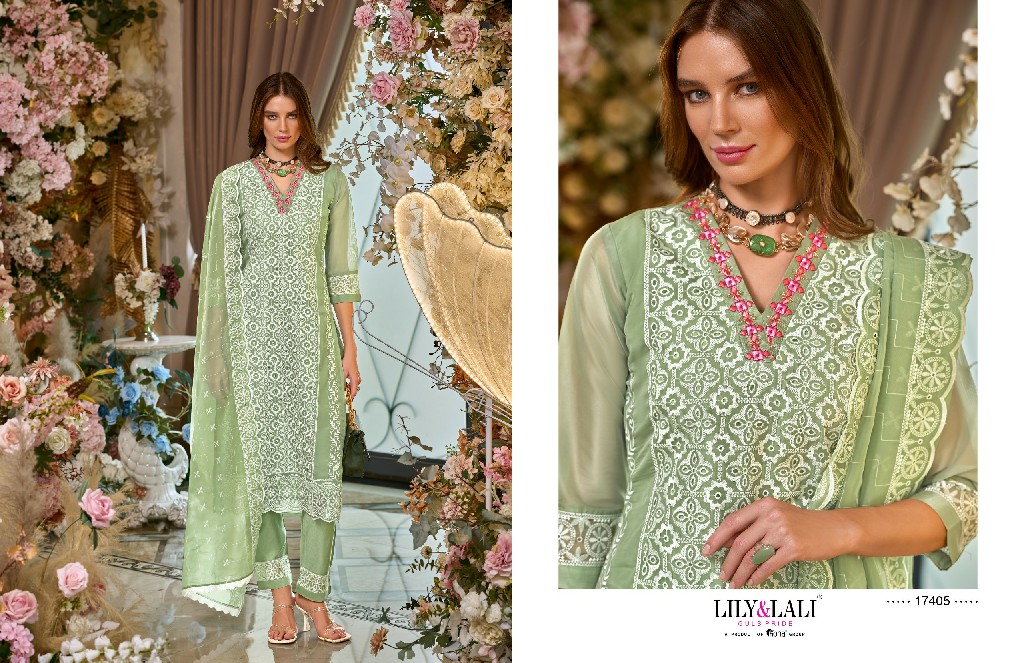 Lily And Lali Summer Blossom Wholesale Bored Schiffli Work Embroidery Kurtis With Pant And Dupatta