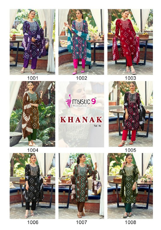 Mystic 9 Khanak Vol-1 Wholesale Straight Cut Embroidery Work 3 Piece Suits