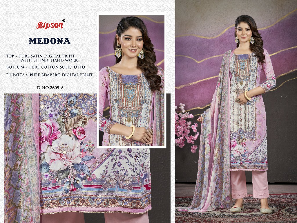 Bipson Medona 2609 Wholesale Pure Satin With Embroidery Dress Material