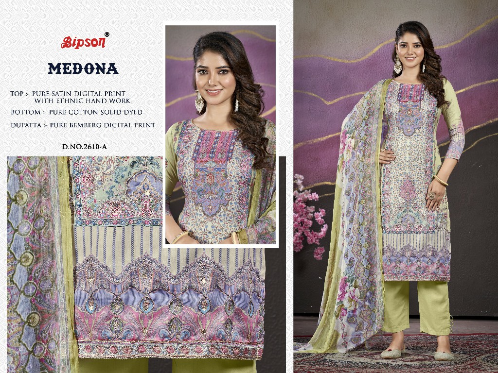 Bipson Medona 2610 Wholesale Pure Satin With Embroidery Dress Material