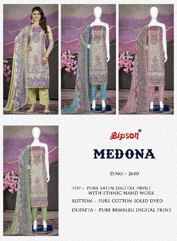 Bipson Medona 2610 Wholesale Pure Satin With Embroidery Dress Material