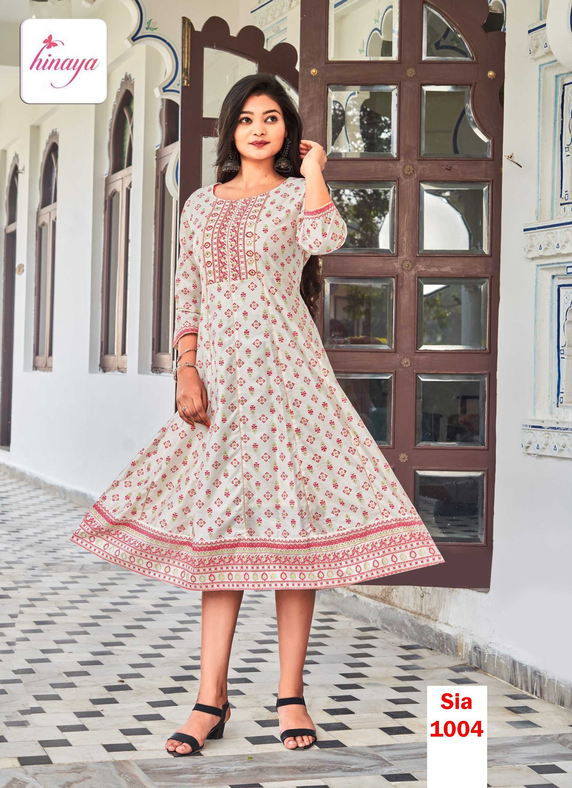 SIA BY HINAYA TRENDY LONG CHANDERI SILK FULL STITCH FLAIRED KURTIS IN KALI PATTERN