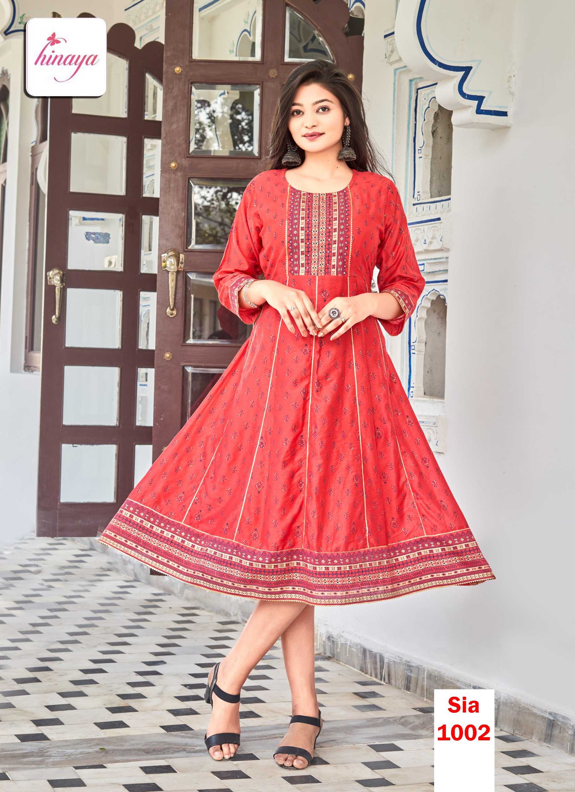 SIA BY HINAYA TRENDY LONG CHANDERI SILK FULL STITCH FLAIRED KURTIS IN KALI PATTERN