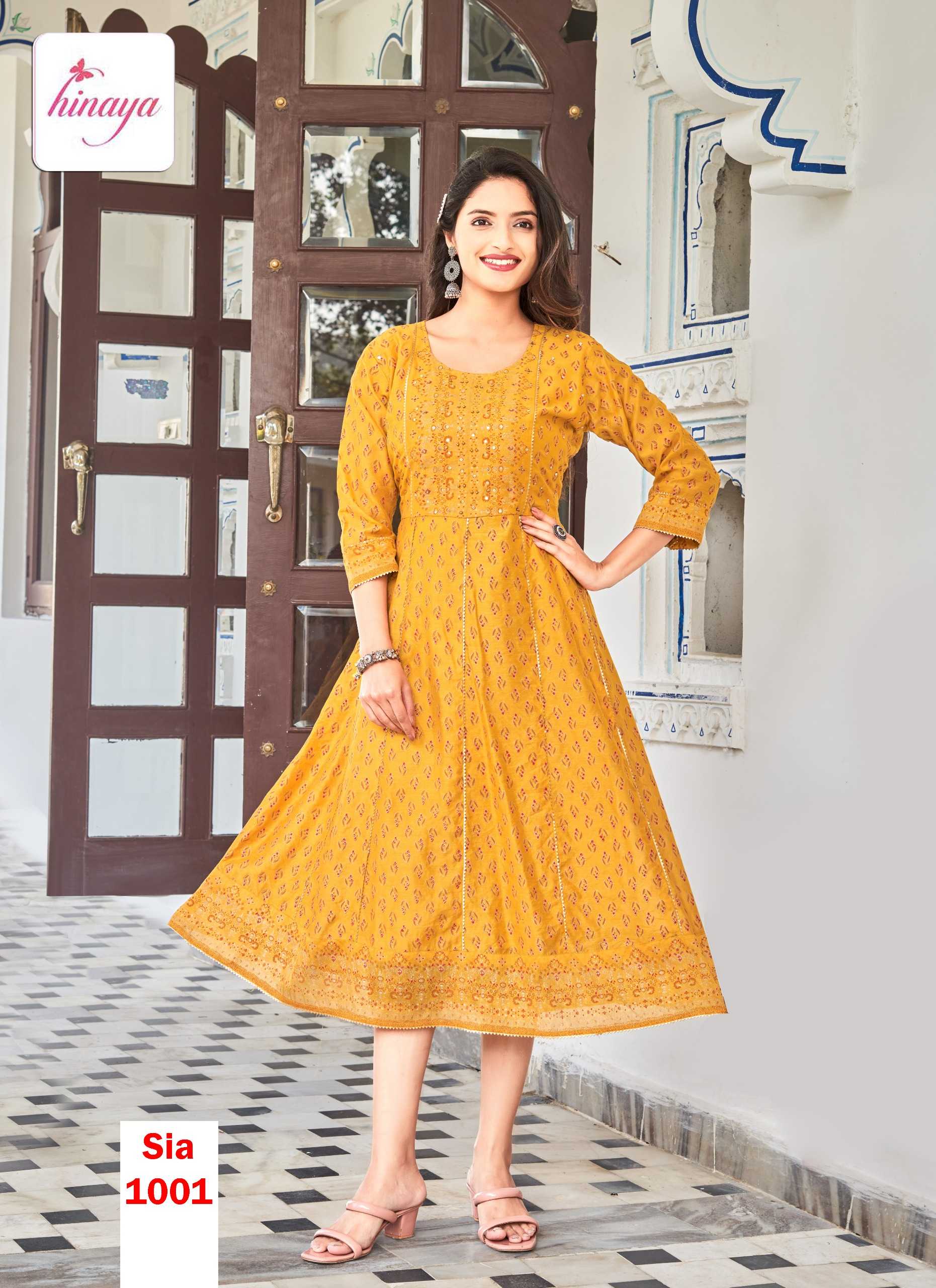 SIA BY HINAYA TRENDY LONG CHANDERI SILK FULL STITCH FLAIRED KURTIS IN KALI PATTERN