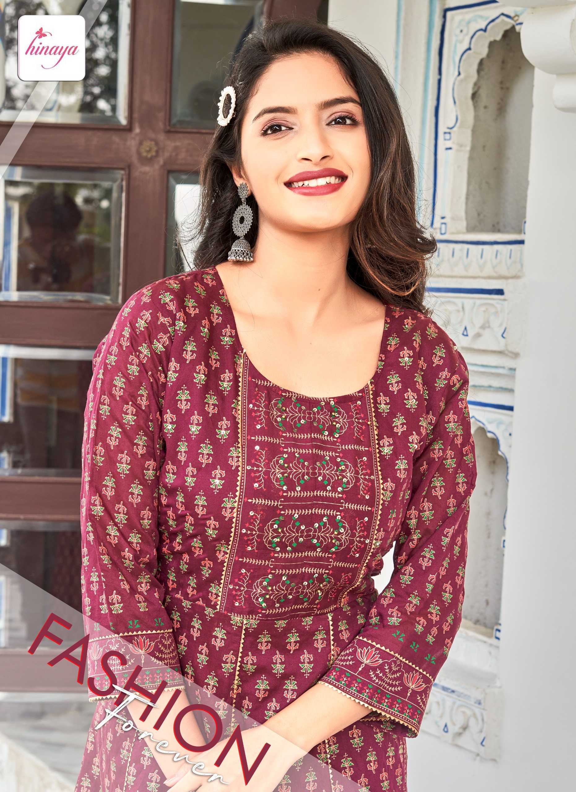 SIA BY HINAYA TRENDY LONG CHANDERI SILK FULL STITCH FLAIRED KURTIS IN KALI PATTERN