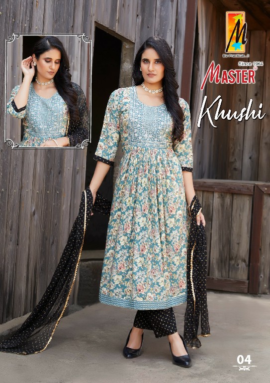 Master Khushi Wholesale Rayon Foil Ghera Tops With Pant And Dupatta