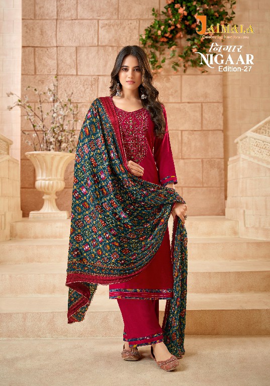 Jaimala Nigaar Vol-27 Wholesale Reyon Slub Embroidery And Diamond Work Dress Material