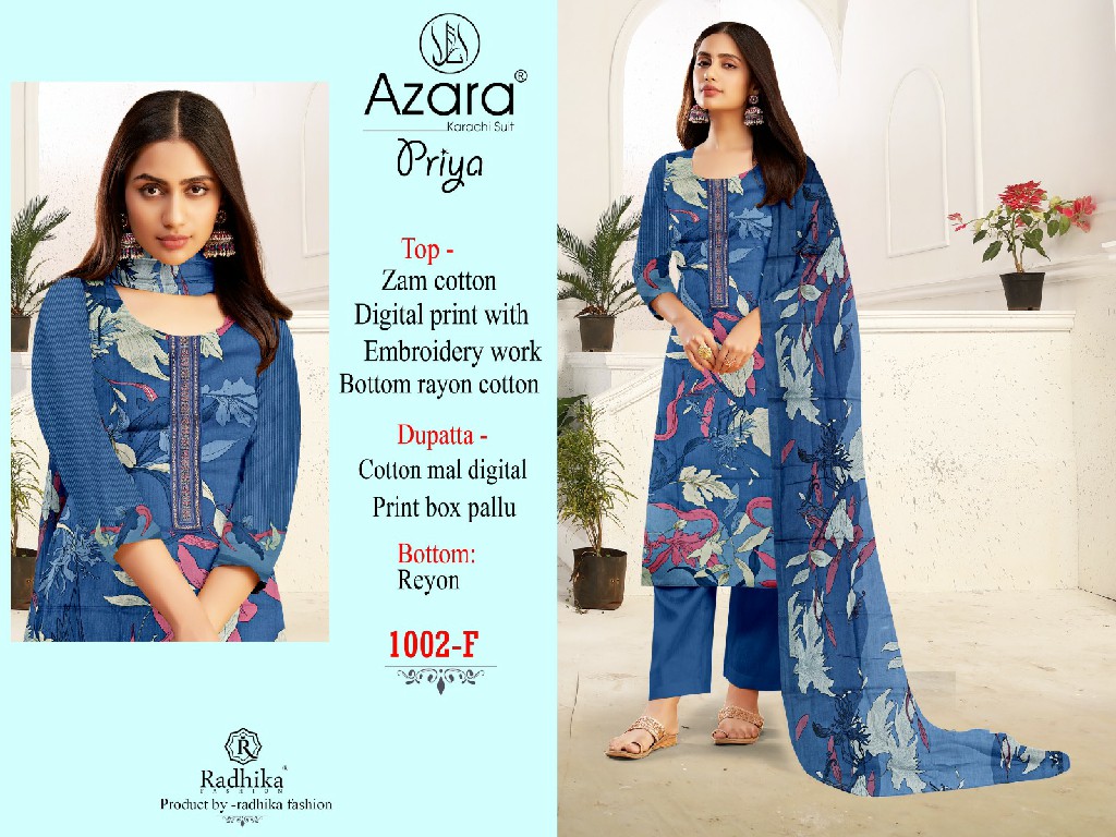 Radhika Azara Priya Wholesale Zam Cotton With Work Dress Material