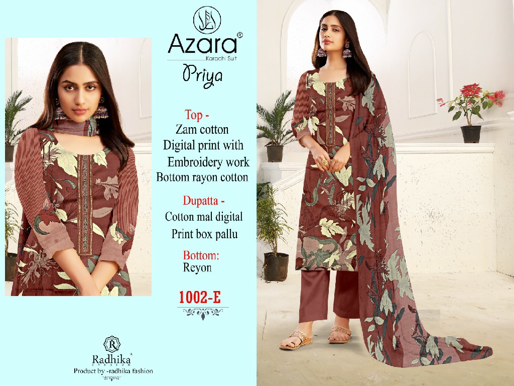 Radhika Azara Priya Wholesale Zam Cotton With Work Dress Material