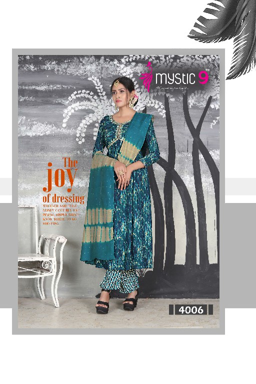 MYSTIC 9 POOJA VOL 4 READYMADE OCCASION WEAR ALIA CUT KURTI PANT DUPATTA