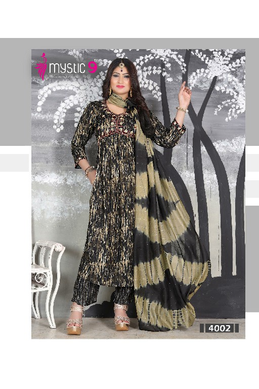 MYSTIC 9 POOJA VOL 4 READYMADE OCCASION WEAR ALIA CUT KURTI PANT DUPATTA