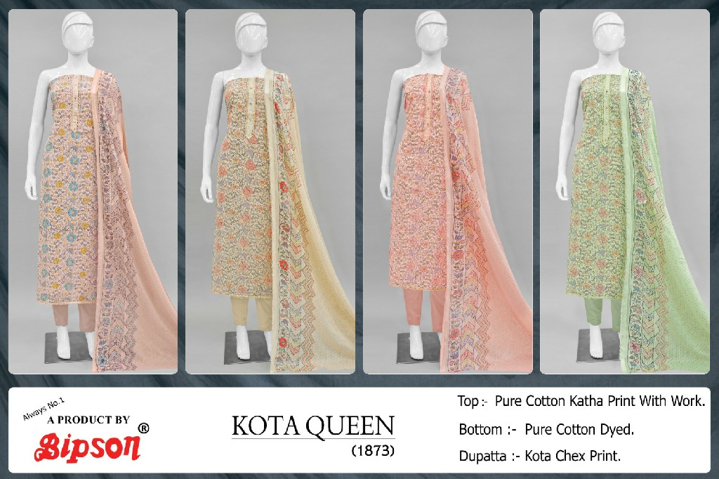 Bipson Kota Queen 1873 Wholesale Pure Cotton With Work Dress Material