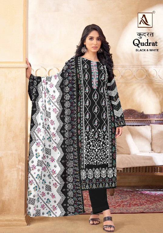 Alok Qudrat Black And White Wholesale Pure Cambric Cotton With Work Dress Material