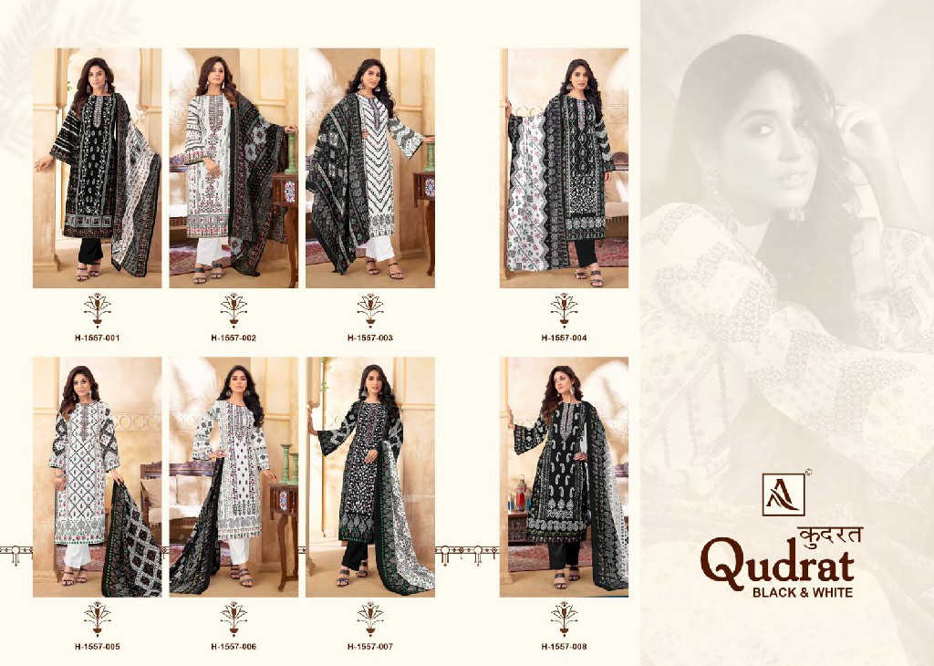 Alok Qudrat Black And White Wholesale Pure Cambric Cotton With Work Dress Material