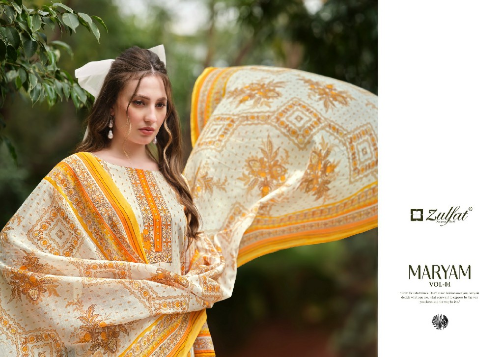 Zulfat Maryam Vol-4 Wholesale Pure Cotton With Work Dress Material