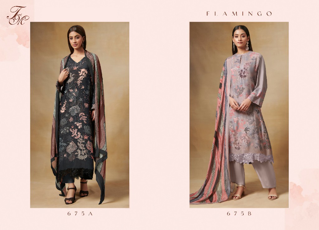 T AND M FALMINGO 675AB PURE COTTON LAWN DIGITAL PRINT WITH ORGENZA SILK DRESS MATERIAL IN NEW COLLECTION