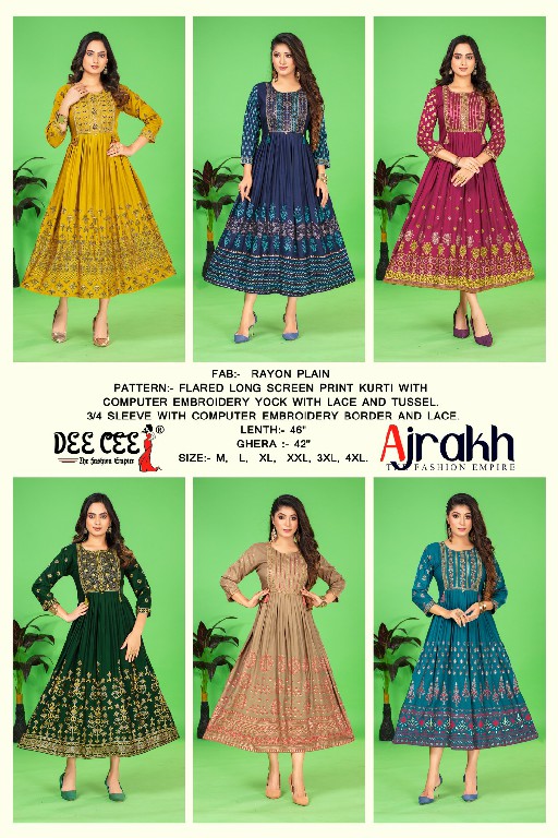 DEE CEE PRESENTS AJRAKH HIT DESIGN FULLY STITCH RAYON FLARED LONG GOWN COLLECTION