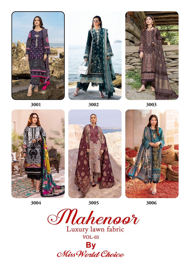 Miss World Mahenoor Vol-3 Wholesale Luxury Lawn Fabric Printed Dress Material