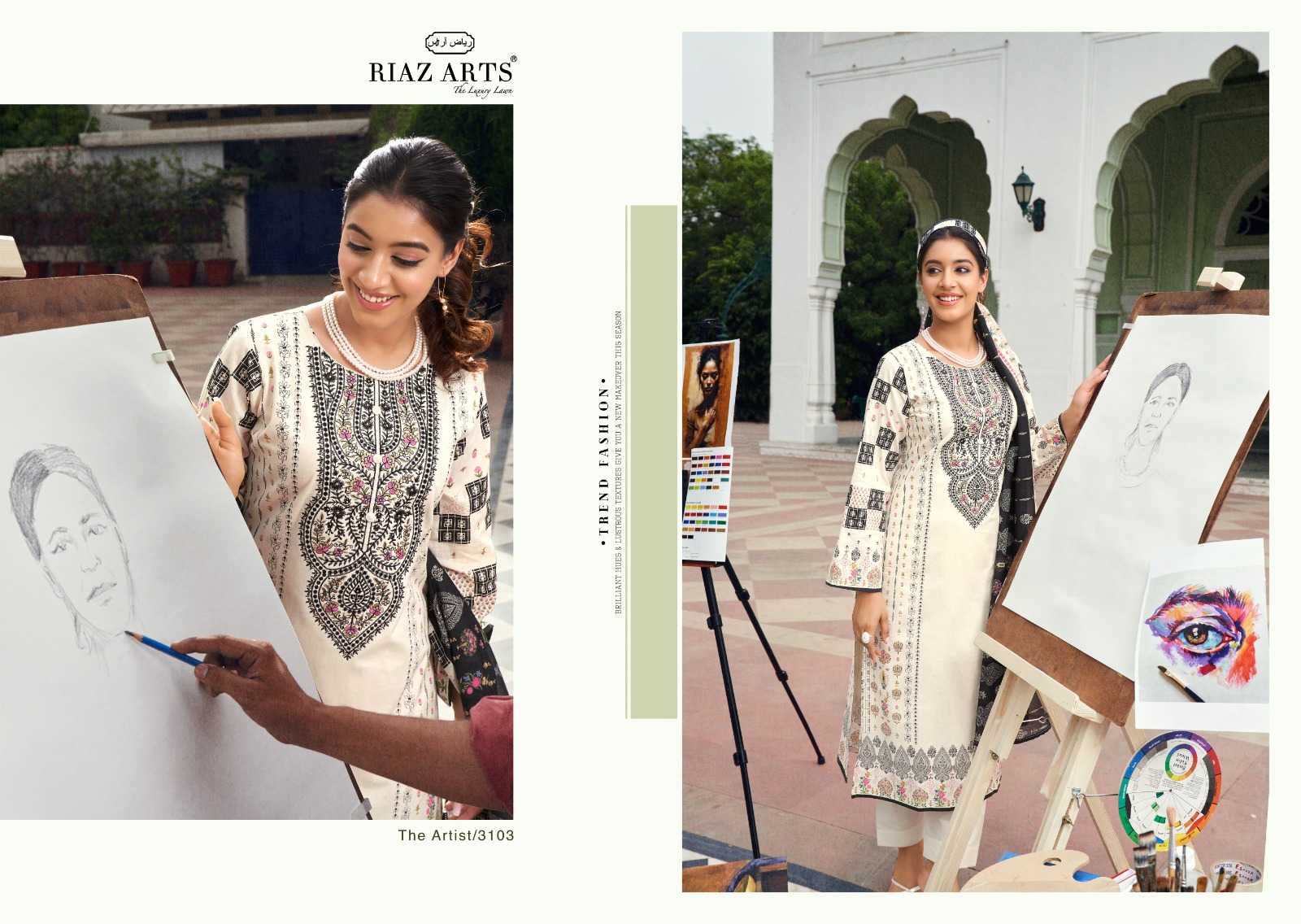 RIAZ ARTS THE ARTIST ETHNIC DESIGN PAKISTANI LAWN EMBROIDERY NECK SALWAR KAMEEZ