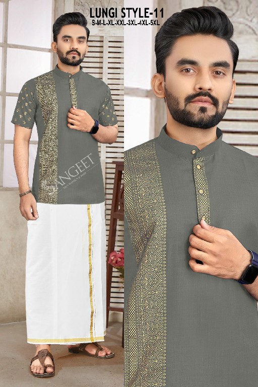 SANGEET LUNGI STYLE VOL 11 FESTIVAL LOOK FANCY COTTON GOLD PRINT FULL STITCH BIG SIZE KURTA