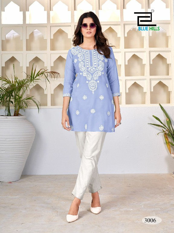 BLUE HILLS AMELIA VOL 3 STYLISH OUTFIT RAYON LUCKNOWI WORK READYMADE SIDE CUT KURTI