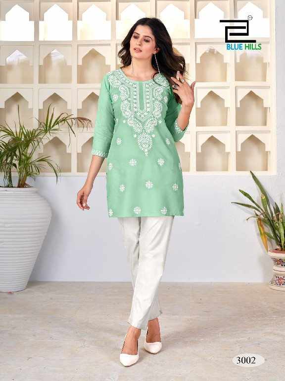 BLUE HILLS AMELIA VOL 3 STYLISH OUTFIT RAYON LUCKNOWI WORK READYMADE SIDE CUT KURTI