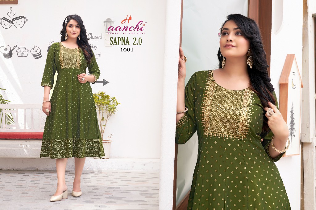 Aanchi Sapna 2.0 Wholesale Roman Silk Flair Print Kurtis Catalog