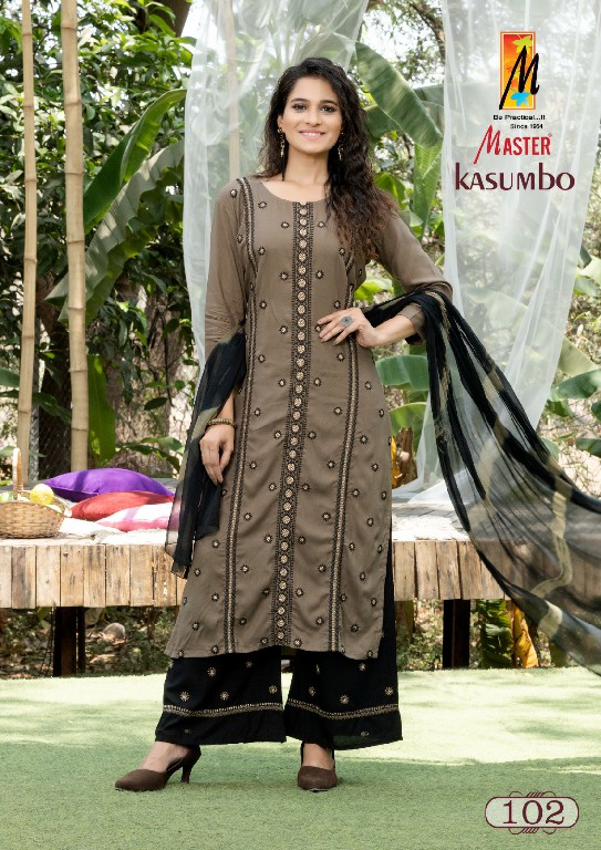 Master Kasumbo Wholesale Rayon Work Tops With Pant And Dupatta