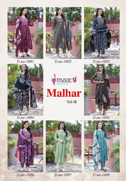 Mystic 9 Malhar Vol-1 Wholesale Chanderi Modal Print Ghera Kurtis With Pant And Dupatta