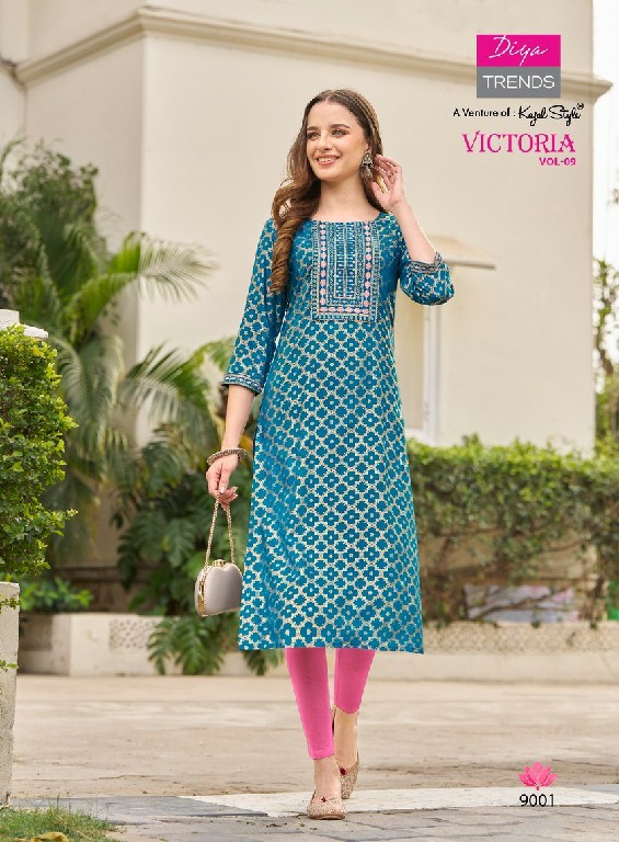 Diya Victoria Vol-9 Wholesale Rayon Foil Print Long Kurtis