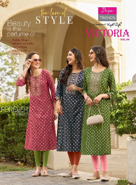 Diya Victoria Vol-9 Wholesale Rayon Foil Print Long Kurtis