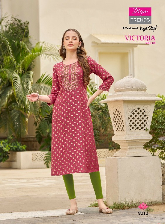 Diya Victoria Vol-9 Wholesale Rayon Foil Print Long Kurtis