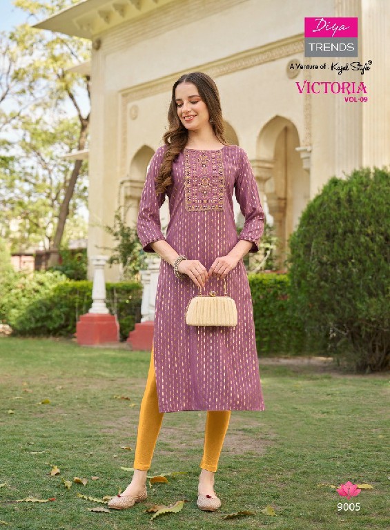 Diya Victoria Vol-9 Wholesale Rayon Foil Print Long Kurtis