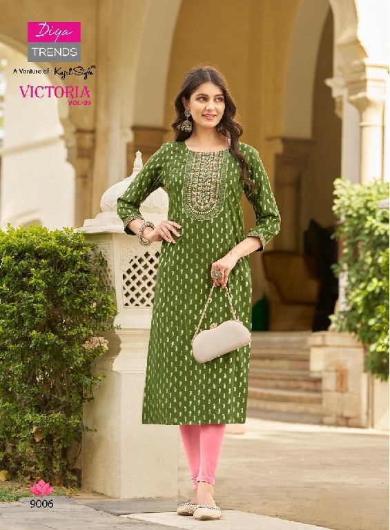 Diya Victoria Vol-9 Wholesale Rayon Foil Print Long Kurtis