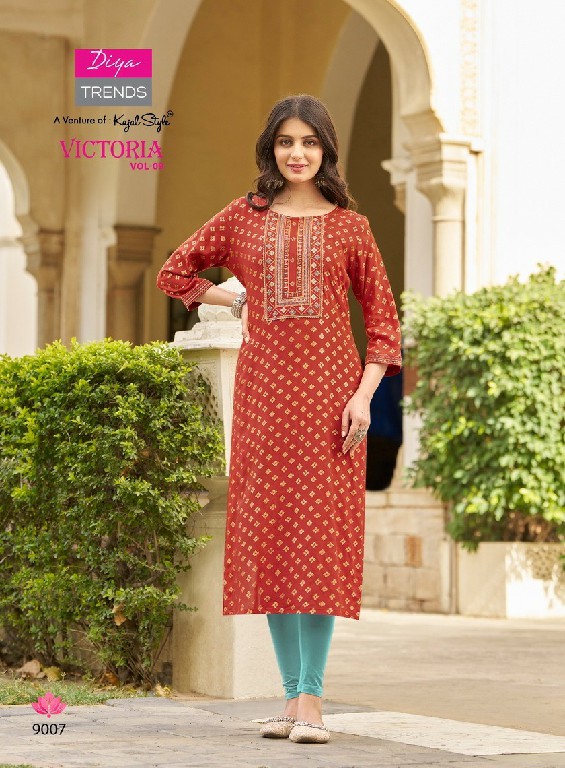 Diya Victoria Vol-9 Wholesale Rayon Foil Print Long Kurtis