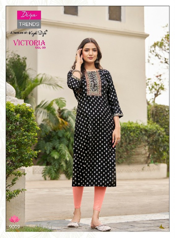 Diya Victoria Vol-9 Wholesale Rayon Foil Print Long Kurtis