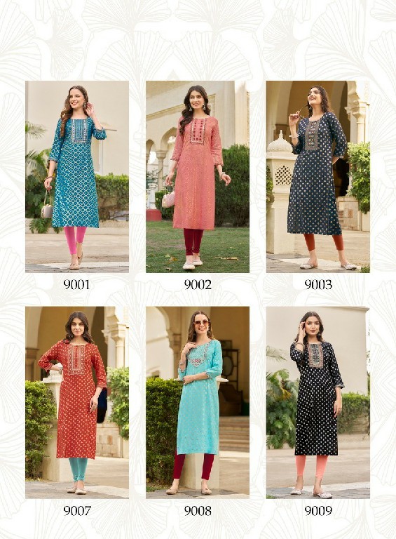 Diya Victoria Vol-9 Wholesale Rayon Foil Print Long Kurtis