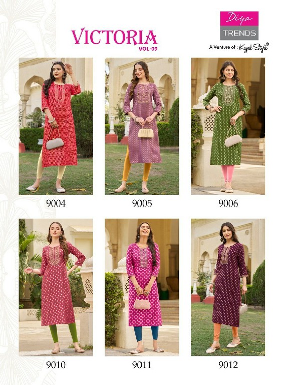 Diya Victoria Vol-9 Wholesale Rayon Foil Print Long Kurtis