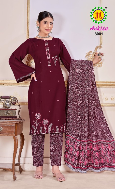 JT Ankita Vol-8 Wholesale Rayon Fabrics With Work Dress Material