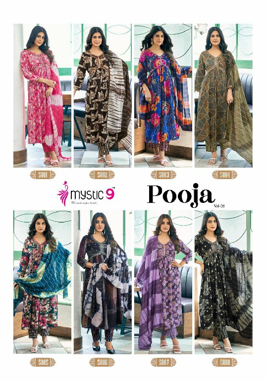Mystic 9 Pooja Vol-5 Wholesale Aliya Cut Kurti With Pant And Dupatta