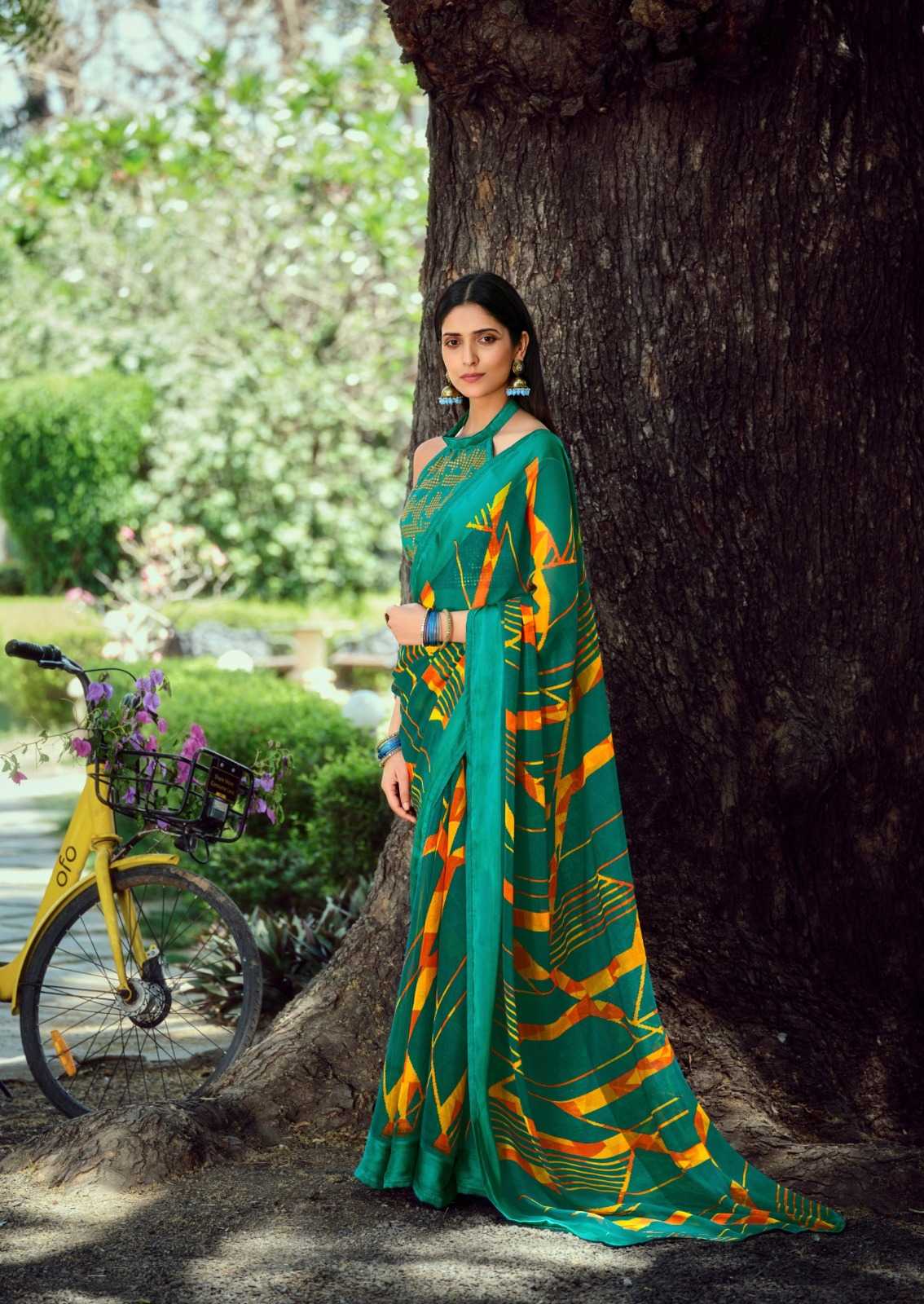 SANSKAR RASHI BRIGHT SIMMER PATTERN SIROWSKI BORDER SAREE WITH BLOUSE