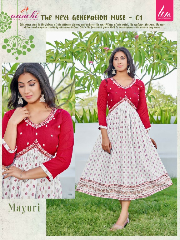 AANCHI MAYURI FANCY COMFY WEAR ALIA CUT FULL STITCH EMBROIDERY WORK LONG KURTI