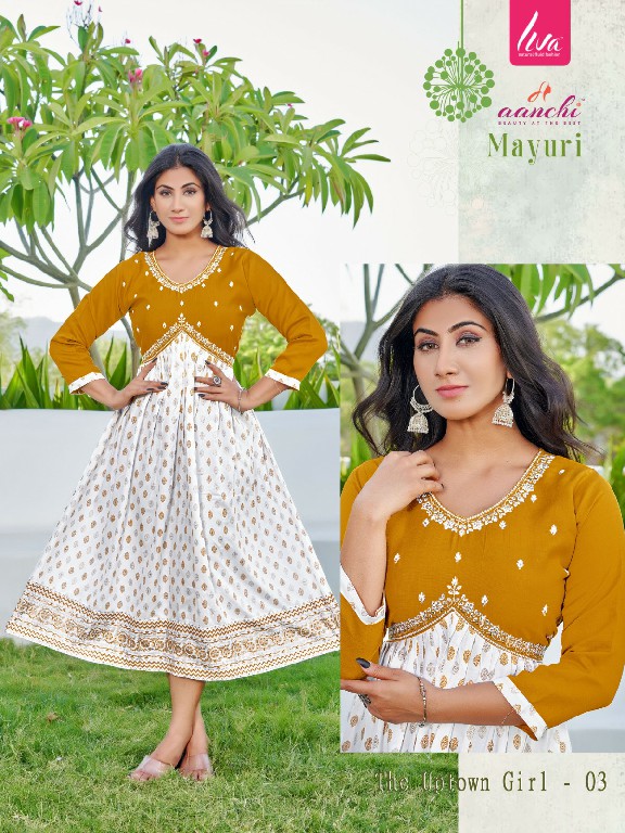 AANCHI MAYURI FANCY COMFY WEAR ALIA CUT FULL STITCH EMBROIDERY WORK LONG KURTI