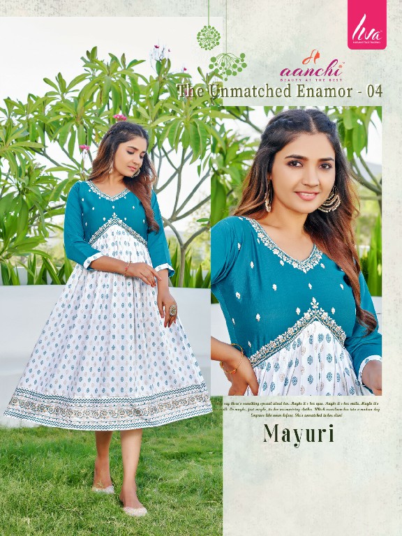 AANCHI MAYURI FANCY COMFY WEAR ALIA CUT FULL STITCH EMBROIDERY WORK LONG KURTI